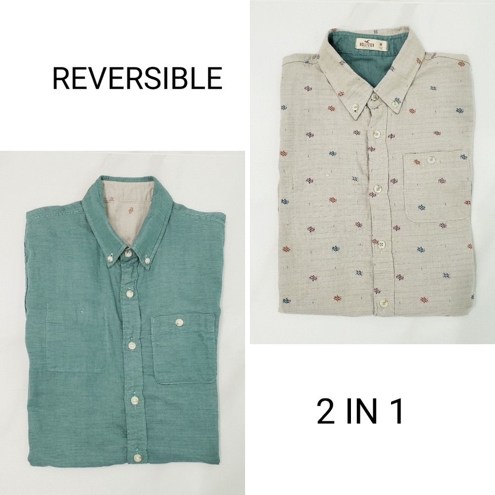 Hollister Reversible Beige Geometric Or Green Striped Button Down Shirt Sz M
